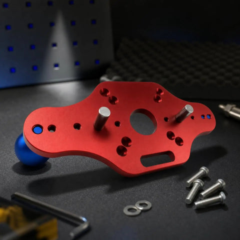 Heavy Duty Trimming Machine Bottom Plate For Woodcraft, red anodized metal router base with central opening.