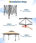 Installation steps showing setup of 13x13 Ft Pop Up Canopy Gazebo With One Push Setup For Quick Shade including frame and canopy.
