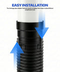 Installed view of 4-inch PVC to corrugated pipe adapter, black push-fit connector joining white PVC pipe to black corrugated drain pipe.