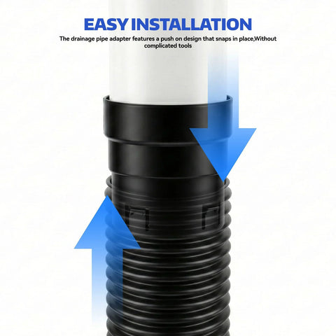 Installed view of 4-inch PVC to corrugated pipe adapter, black push-fit connector joining white PVC pipe to black corrugated drain pipe.