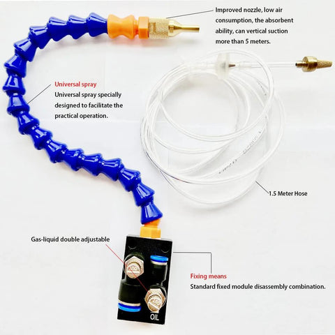 Front view: BACHIN mist coolant spray system for milling machines; blue articulated arm, 1.5m clear hose, orange nozzle