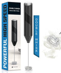 Milk Frother Handheld Electric Blender Stick With Double Coil Stainless Steel Whisk, Battery Operated Foam Maker in package.