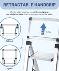 4 Step Aluminum Folding Ladder With Retractable Handgrip Lightweight Yet Sturdy For Reaching High Shelves 330 Pound Capacity Ideal For Home DIY Projects Garage Kitchen And Workshop, folded and open