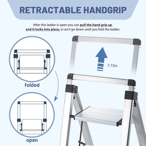 4 Step Aluminum Folding Ladder With Retractable Handgrip Lightweight Yet Sturdy For Reaching High Shelves 330 Pound Capacity Ideal For Home DIY Projects Garage Kitchen And Workshop, folded and open