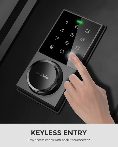 User operating Keyless Entry Smart Door Lock With Touchscreen Keypad Auto Lock Ultra Quiet Motor BHMA Grade 3 Certified Matte Black.