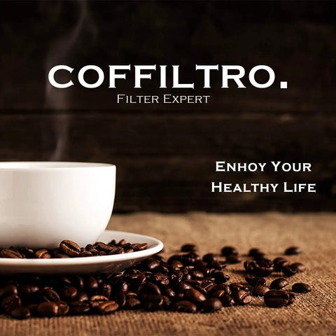 Steaming cup of coffee surrounded by beans with text, "Coffiltro. Filter Expert. Enjoy Your Healthy Life."