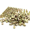 100 Pc 1/4"-20 Unc Rivet Nuts Carbon Steel Zinc Plated Flat Head Knurled Body Threaded Inserts in a mixed pile.