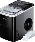 Front view of Silonn countertop ice maker, black with clear lid; ice cubes visible; includes scoop and basket