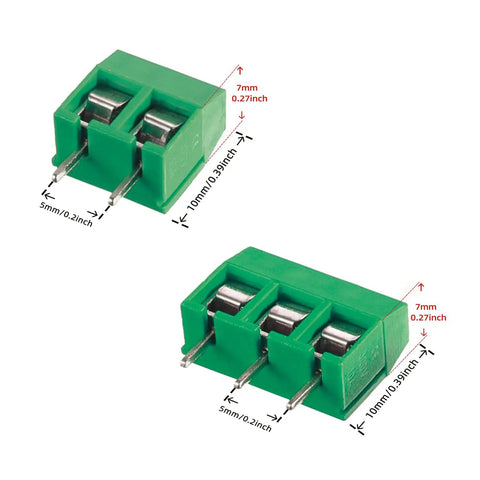 5mm Pitch PCB Mount Screw Terminal Block Connectors 2 Pin and 3 Pin for Arduino and Home Electronics Projects Pack of 70 DIY Friendly Wire Size 14 to 22 AWG, showing front view with measurements.