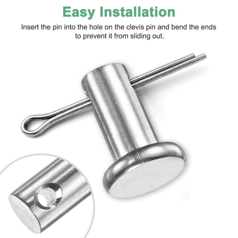 10 Pack Single Hole Clevis Pins M6 X 40mm 304 Stainless Steel Flat Head For Mechanical Linkage Fixed Parts Ship Rigging Reusable Durable Quick Disassembly Ready Workhorse Hardware close-up with installation guide.