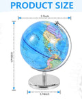 6 Inch World Globe With Sturdy Metal Stand, Rotating Earth Spinner for Kids shown with detailed dimensions.