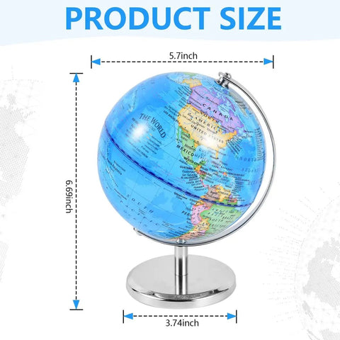 6 Inch World Globe With Sturdy Metal Stand, Rotating Earth Spinner for Kids shown with detailed dimensions.