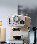 Retro Semi Automatic Espresso Maker Serving Solid Shot Quality With Reliable 15 Bar Pump And Polished Stainless Steel Body in use with coffee cup.
