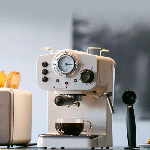 Retro Semi Automatic Espresso Maker Serving Solid Shot Quality With Reliable 15 Bar Pump And Polished Stainless Steel Body in use with coffee cup.