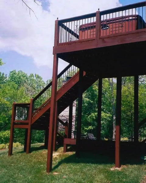 Top Shelf One Coat Wood Stain And Sealer For Pressure Treated Decks Fences Exterior Wood Surfaces semi transparent rich black hue deck stairs with hot tub