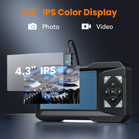 1080P Endoscope Camera With Light For Tight Spaces Pro Grade Industrial Borescope With Built In LED Illumination Clear Visuals For Engine Bays Drains And Wall Cavities Includes 32GB Card, 4.3-inch IPS display