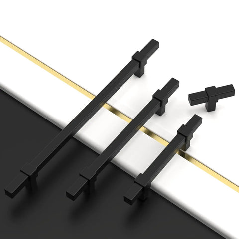 Tough As Nails Matte Black 5 Inch Kitchen Cabinet Pulls Solid Zinc Drawer Knobs on white and black surface