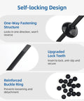 Diagram of 100 Pcs Nylon Universal Car Cable Tie Set with self-locking zip ties, pin, button design, UV resistant features shown