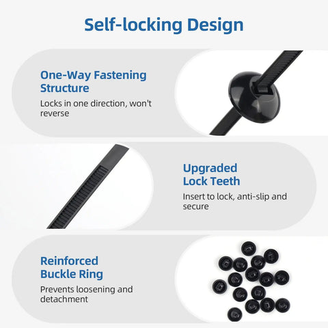 Diagram of 100 Pcs Nylon Universal Car Cable Tie Set with self-locking zip ties, pin, button design, UV resistant features shown