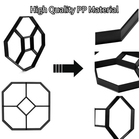 Walk Stone Maker DIY Paving Mold for Concrete Pathways featuring a hexagon pattern, PP material, shown in multiple angles.