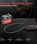 32 Kg Cm Waterproof RC Steering Servo with programmer for 1/10 scale RC cars, IP67 waterproof, close-up of servo and cords