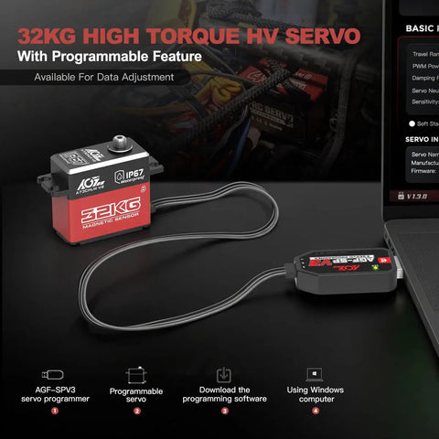 32 Kg Cm Waterproof RC Steering Servo with programmer for 1/10 scale RC cars, IP67 waterproof, close-up of servo and cords