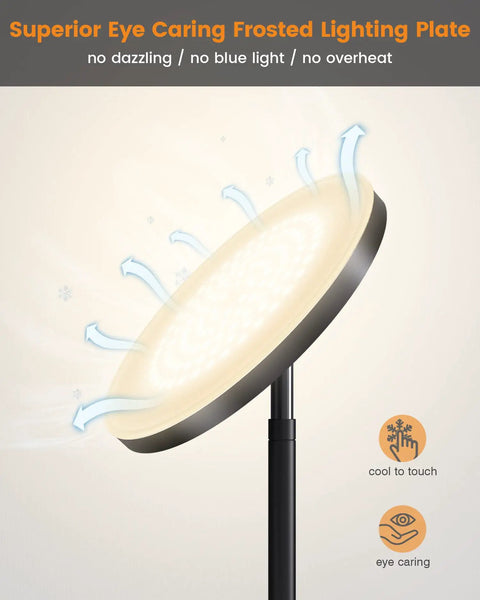 Close-up of Lit 36W LED Floor Lamp with 3000LM Output, frosted lighting plate emitting soft light, eye-caring feature highlighted