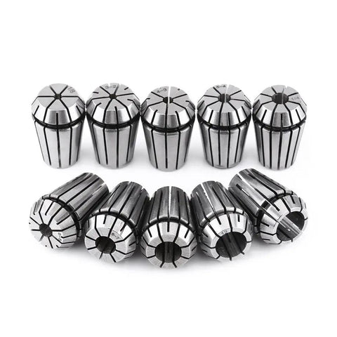 Pro Grade 10 Piece ER20 Collet Set for CNC Milling Lathe Engraving Tools in 65Mn Steel, top and side view.