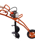 Kebayuneth 63CC gas-powered earth auger with orange frame, single-wheel cart, 3.15-inch drill bits.