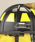 Vantage 140 Lumen Hands Free Helmet Light With Rear Safety LED on black firefighter helmet with secure mounting