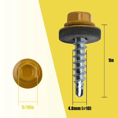 Self Drilling Roofing Screws 1 Inch Yellow Hex Head With EPDM Washer for Thin Metal Under 2.4mm and Wood Structures 300 Pack