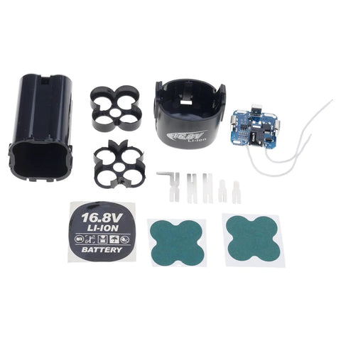Rock Solid 18650 Lithium Battery Pack Case For 16.8V 4S Power Tools includes BMS circuit, casing, and battery components.