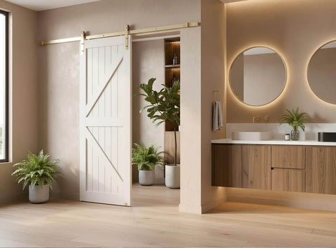 Light Gold Barn Door Hardware Kit 5ft Adjustable Sliding System With 12 Inch Handle And Floor Guide, Dope Brushed Brass Finish Hardware Only For Bathrooms Closets Room Dividers And Office, Easy Mount in a bathroom setting