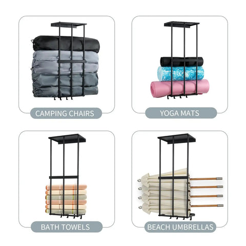 Heavy Duty Garage Wall Mount Storage Rack For Outdoor Gear And Camping Essentials, Metal Floating Shelf With Four Hooks