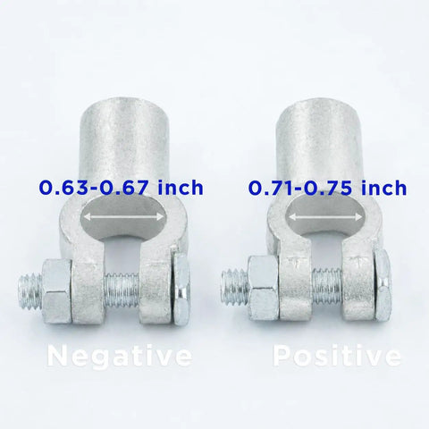 Heavy Duty Battery Terminal Connectors For 2/0 Gauge Wire Positive Negative Top Post Cable Clamps showing size details.