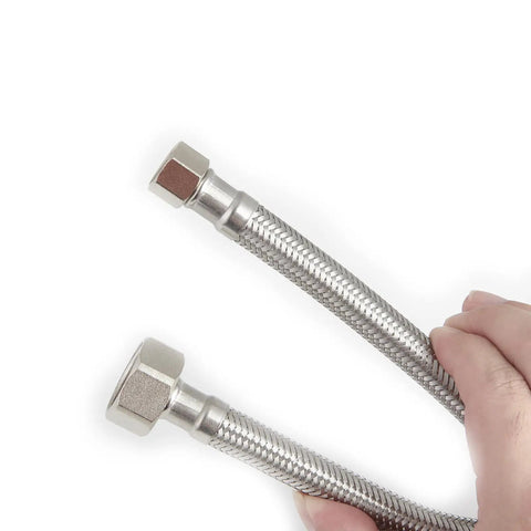 Close-up of 16-Inch Toilet Water Supply Line With Three Eighths Inch Compression To Seven Eighths Inch Ballcock Brass Nut, SUS304 Stainless Steel Braided Hose, Built To Last Inlet Connector With Anti-Leak EPDM Gasket, FL003-16 held by hand