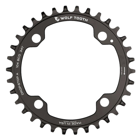 104 BCD 36 Tooth Mountain Bike Chainring For Shimano 12 Speed Hyperglide Plus Drop Stop ST Wide Narrow Spider Mount Beefy Aluminum 7075 T6 Made In USA For MTB, black, on white background