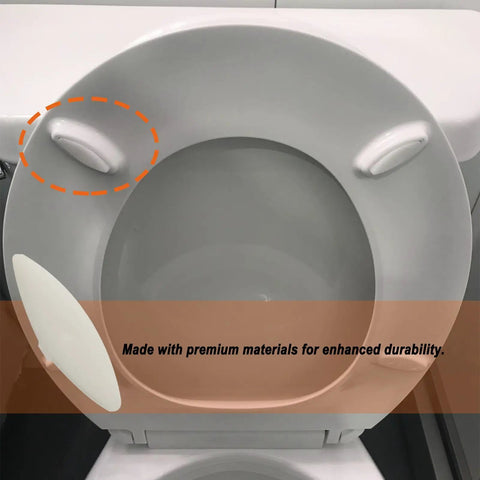 Toilet Seat Bumper Kit Replacement For Worn Out Seat Bumpers, Pack Of 4, White, Just Snap In, shown on toilet seat with bumpers.