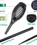 Components of Six Pack Solar Torch Lights With Realistic Flickering Flame For Outdoor Waterproof Tiki Torches including LED, solar panel, battery, switch, pole, and ground spike.