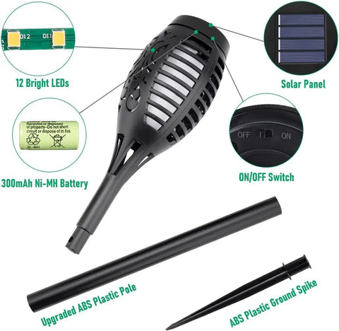 Components of Six Pack Solar Torch Lights With Realistic Flickering Flame For Outdoor Waterproof Tiki Torches including LED, solar panel, battery, switch, pole, and ground spike.