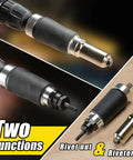 Two In One Rivet Nut Tool For Drill Converts To A Rivet Gun And Rivnut Tool Kit Includes Twelve Mandrels And Four Rivet Heads Works With 18V To 24V Cordless Drills showing dual functions and parts