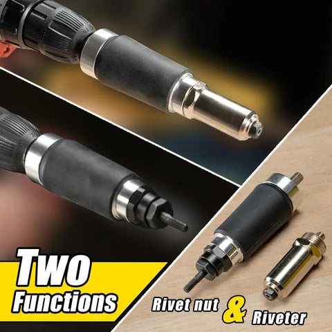 Two In One Rivet Nut Tool For Drill Converts To A Rivet Gun And Rivnut Tool Kit Includes Twelve Mandrels And Four Rivet Heads Works With 18V To 24V Cordless Drills showing dual functions and parts