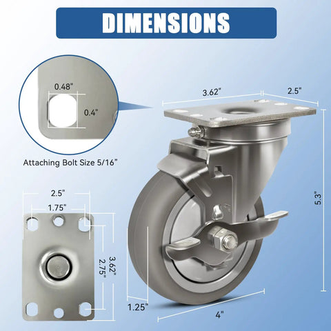 Rock Solid Workhorse 4 Inch Stainless Steel Casters Jam Packed With Thermoplastic Rubber Wheels For Heavy Duty Labor In Labs Or Shops Handles Up To 1200 Lbs dimensions graphic with size measurements.