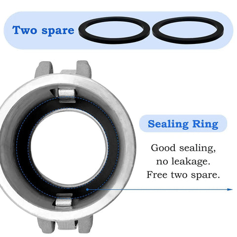 Close-up of Heavy Duty 3 Inch Type D Aluminum Cam And Groove Hose Coupling showing sealing ring and two spare gaskets.