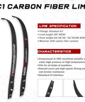 Cornerstone Carbon Fiber Recurve Limb Set For Beginners showing two black recurve limbs with specifications and features text.
