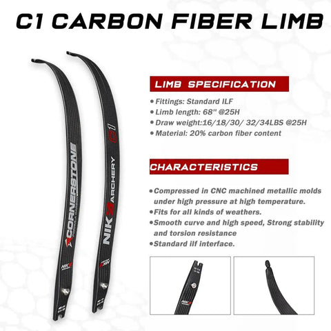 Cornerstone Carbon Fiber Recurve Limb Set For Beginners showing two black recurve limbs with specifications and features text.