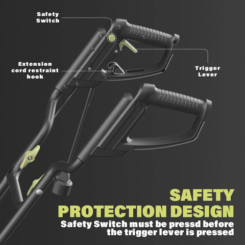 Electric Tiller Cultivator 14 Inch With Folding Handle safety switch and trigger lever design close-up
