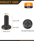 Premium 20 Pack M4 Flat Round Head Machine Screws Crafted From Rust Resistant 304 Stainless Steel With Phillips Drive And Full Thread specs detailing sizes.