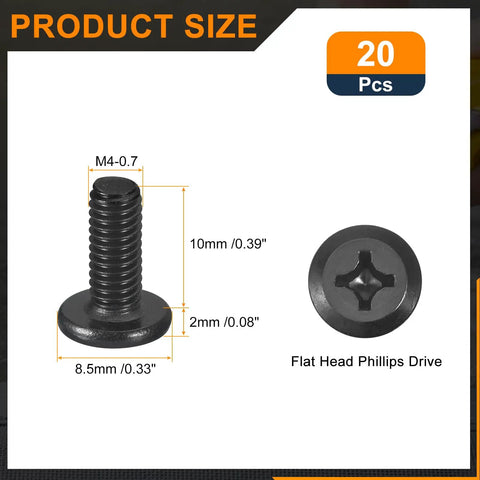 Premium 20 Pack M4 Flat Round Head Machine Screws Crafted From Rust Resistant 304 Stainless Steel With Phillips Drive And Full Thread specs detailing sizes.