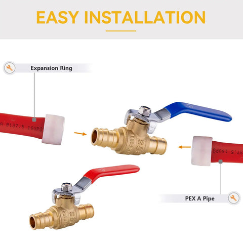 Half Inch PEX Expansion Ball Valve Kit 10 Pack Brass Shut Off Valves F1960 PEX A For Potable Water Red Hot And Blue Cold Color Coding DIY Friendly Easy Install
